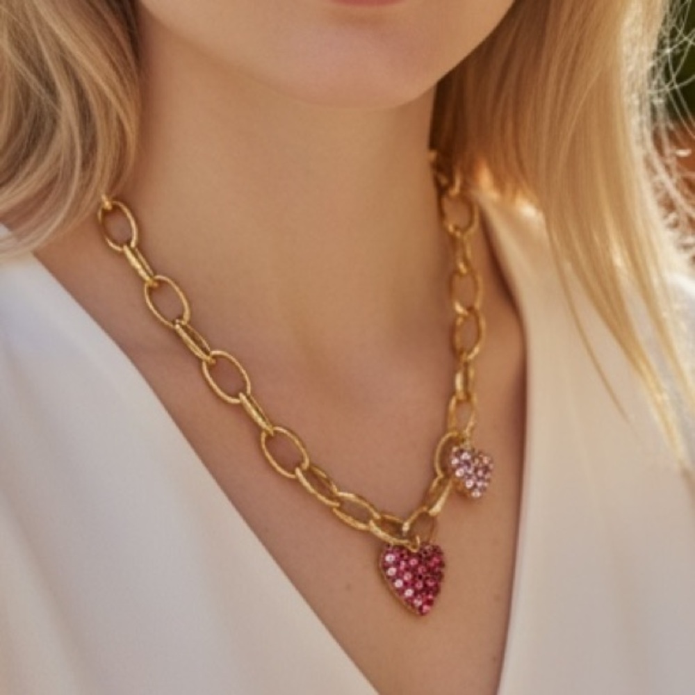 Gold Tone Chunky Chain Necklace w/ Pink Rhinestone Heart Charms (BR888/8)
